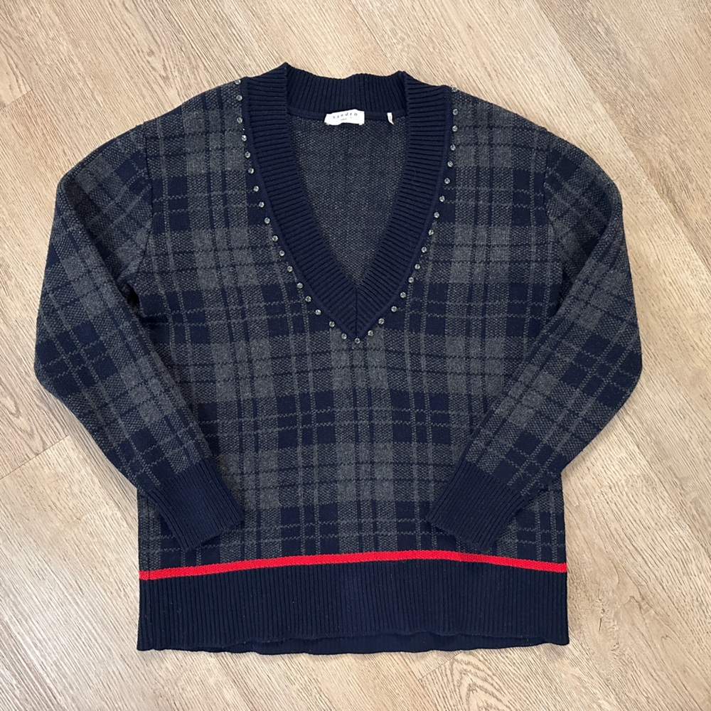 Sandro José Plaid Oversized V-neck Sweater with Rhinestones